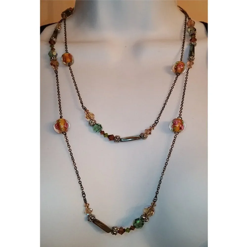 DOL Swarovski Crystals Abalone Glass Necklace New Extra Long Vintage Designer